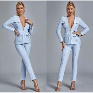 NEW Bella Barnett Light Blue Military Style Pant Suit Gold Crest Buttons